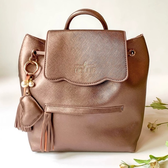 Hollis Handbags - Hollis Mini Backpack in Metallic Mocha with Tassel Charm
